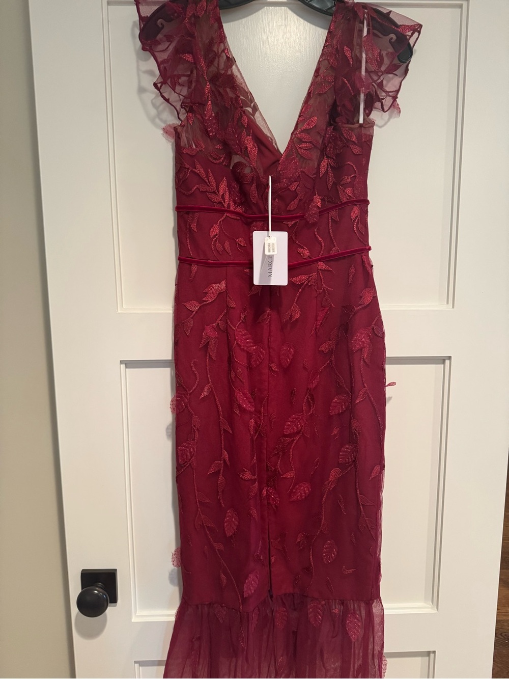 Marchesa Notte Women's Burgundy V-Neck Embroidered Midi Dress Brand New